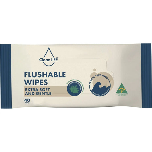 CLEANLIFE Flushable Plastic Free Wipes Extra Soft and Gentle 40pk Cleanlife