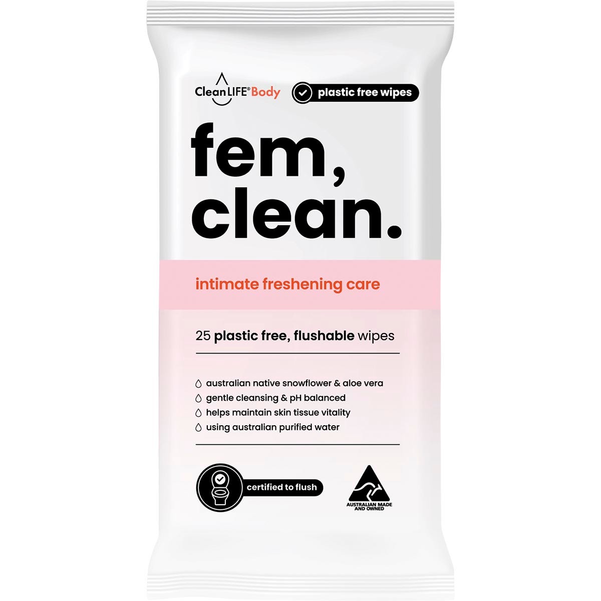 CleanLIFE Fem Clean Intimate Flushable Plastic Free Wipes 25pk - Cutprice Online