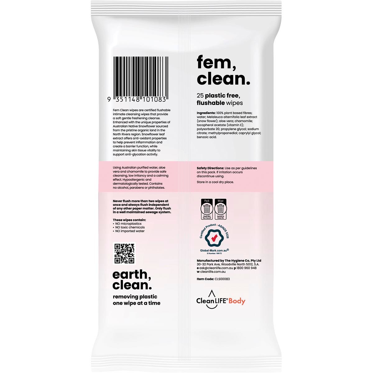 CleanLIFE Fem Clean Intimate Flushable Plastic Free Wipes 25pk - Cutprice Online