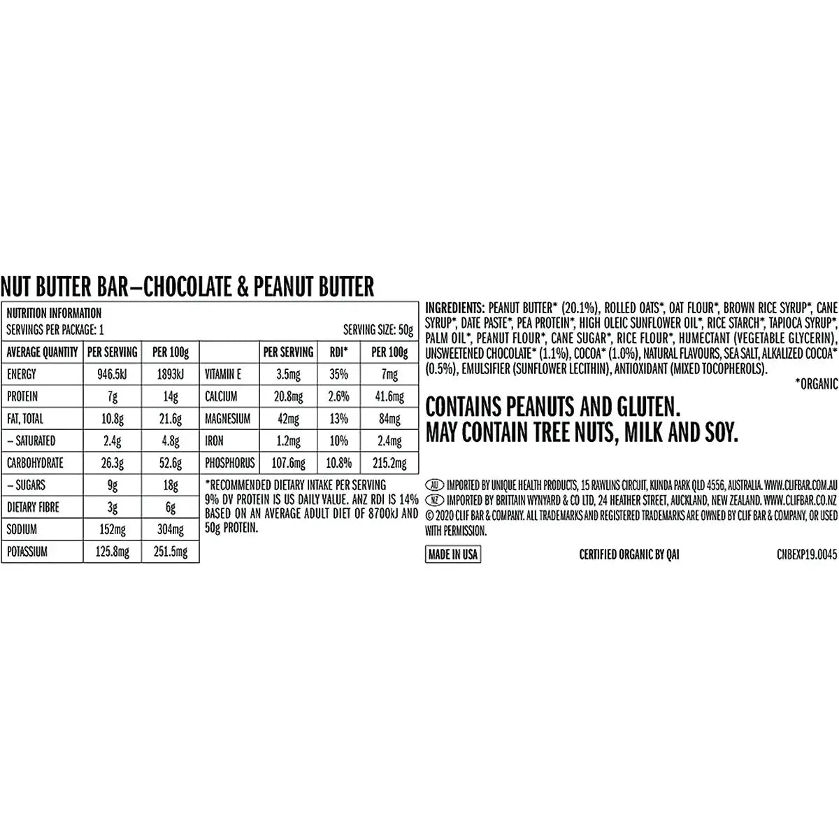 CLIF Nut Butter Bar Chocolate & Peanut Butter 50g 12PK CLIF