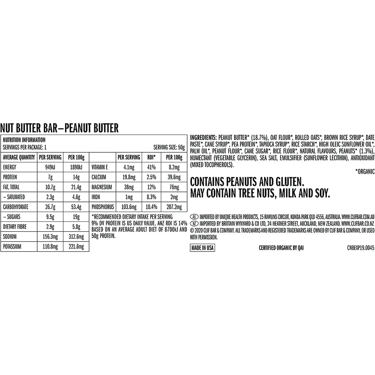 CLIF Nut Butter Bar Peanut Butter 50g 12PK CLIF