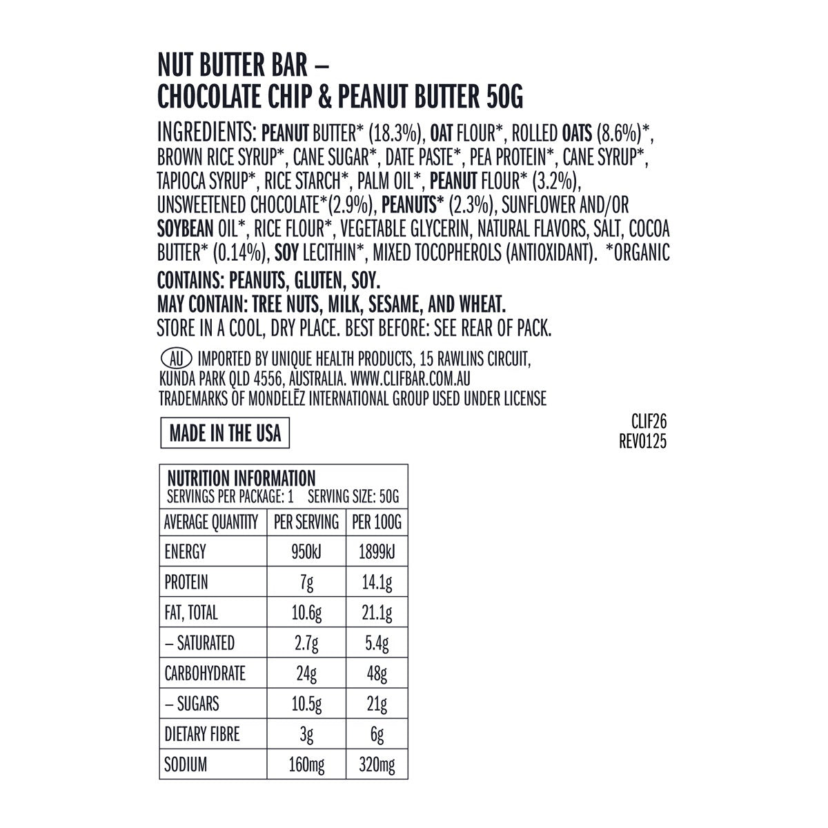 Clif Nut Butter Bar Chocolate Chip & Peanut Butter 5x50g - Cutprice Online