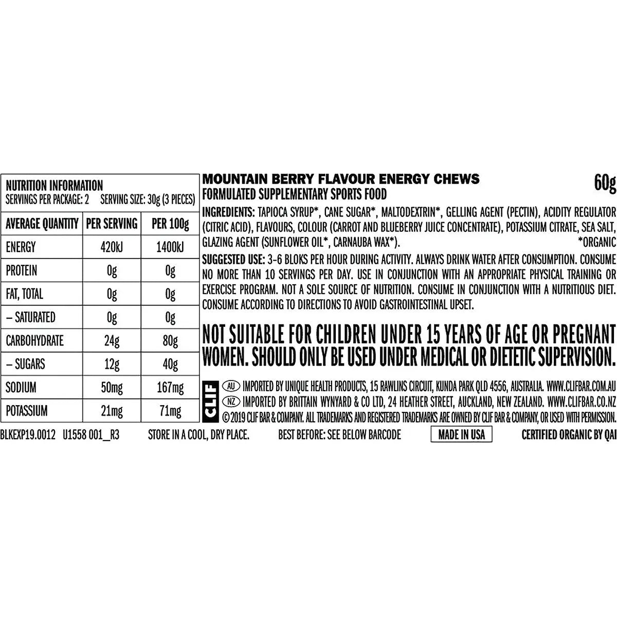 CLIF Bloks Energy Chews Mountain Berry 60g 18PK CLIF