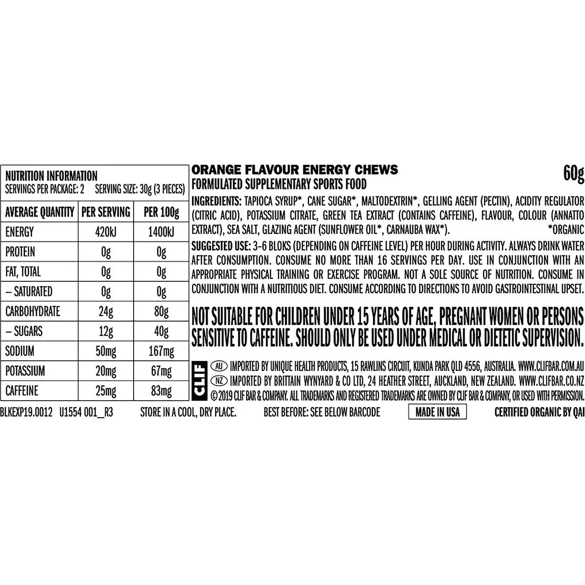 CLIF Bloks Energy Chews Orange (25mg Caffeine) 60g 18PK CLIF