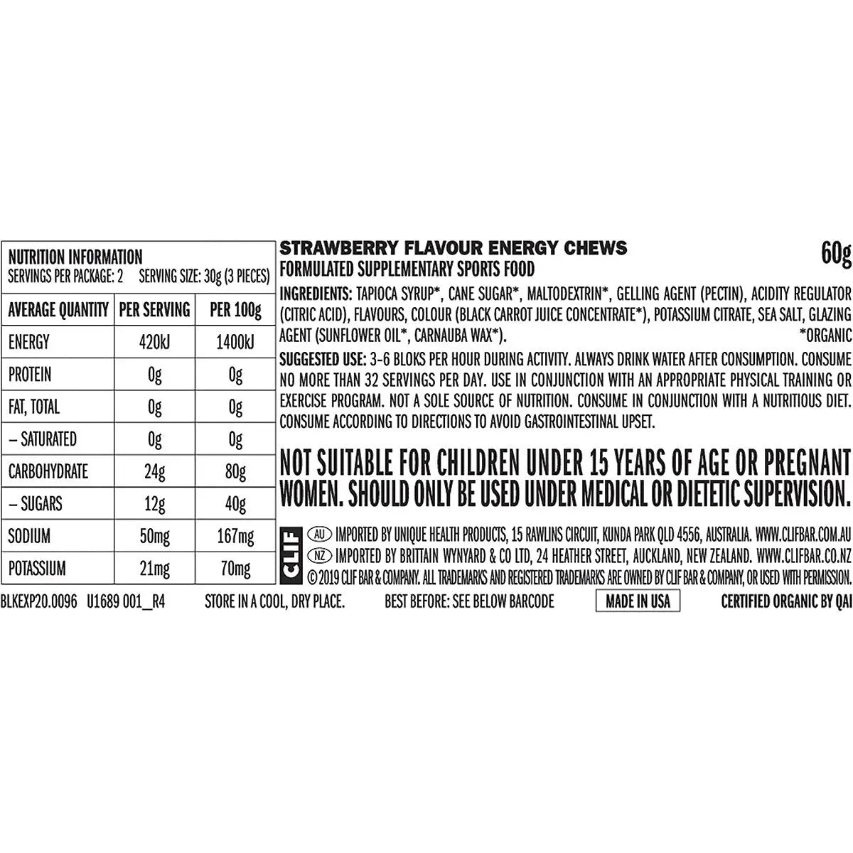 CLIF Bloks Energy Chews Strawberry 60g 18PK CLIF