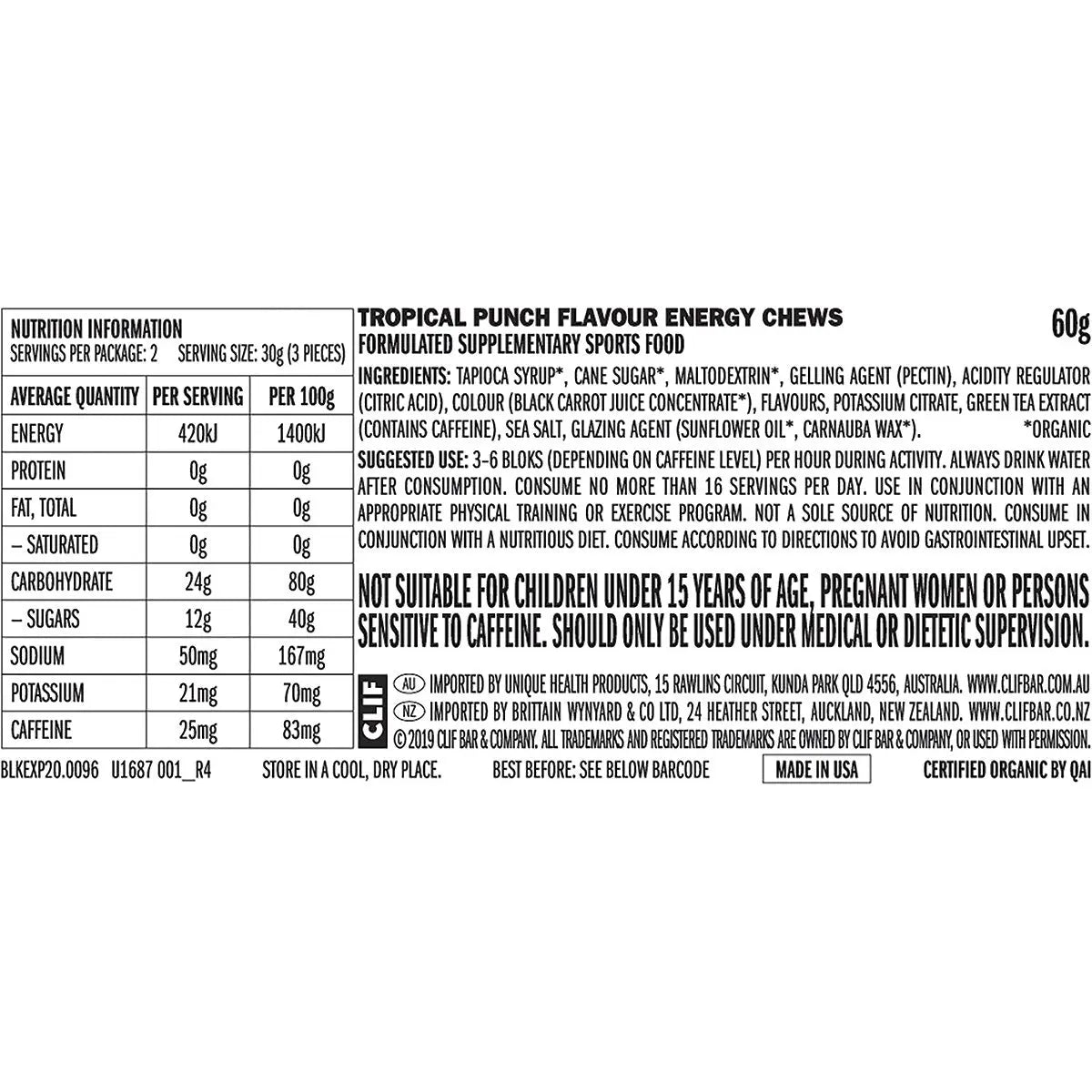 CLIF Bloks Energy Chews Tropical Punch (25mg Caffeine) 60g 18PK CLIF
