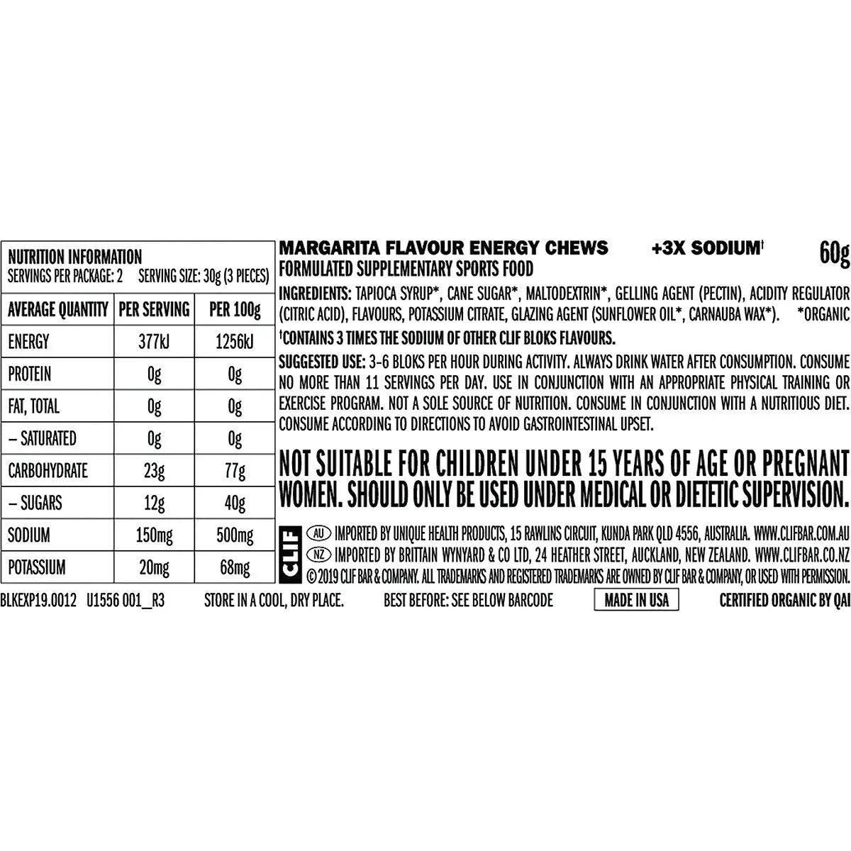 CLIF Bloks Energy Chews Margarita (150mg Sodium) 60g 18PK CLIF