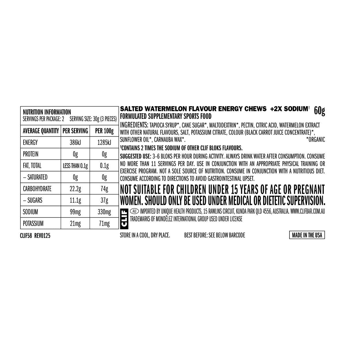 Clif Bloks Energy Chews Salted Watermelon 100mg Sodium 18x60g - Cutprice Online