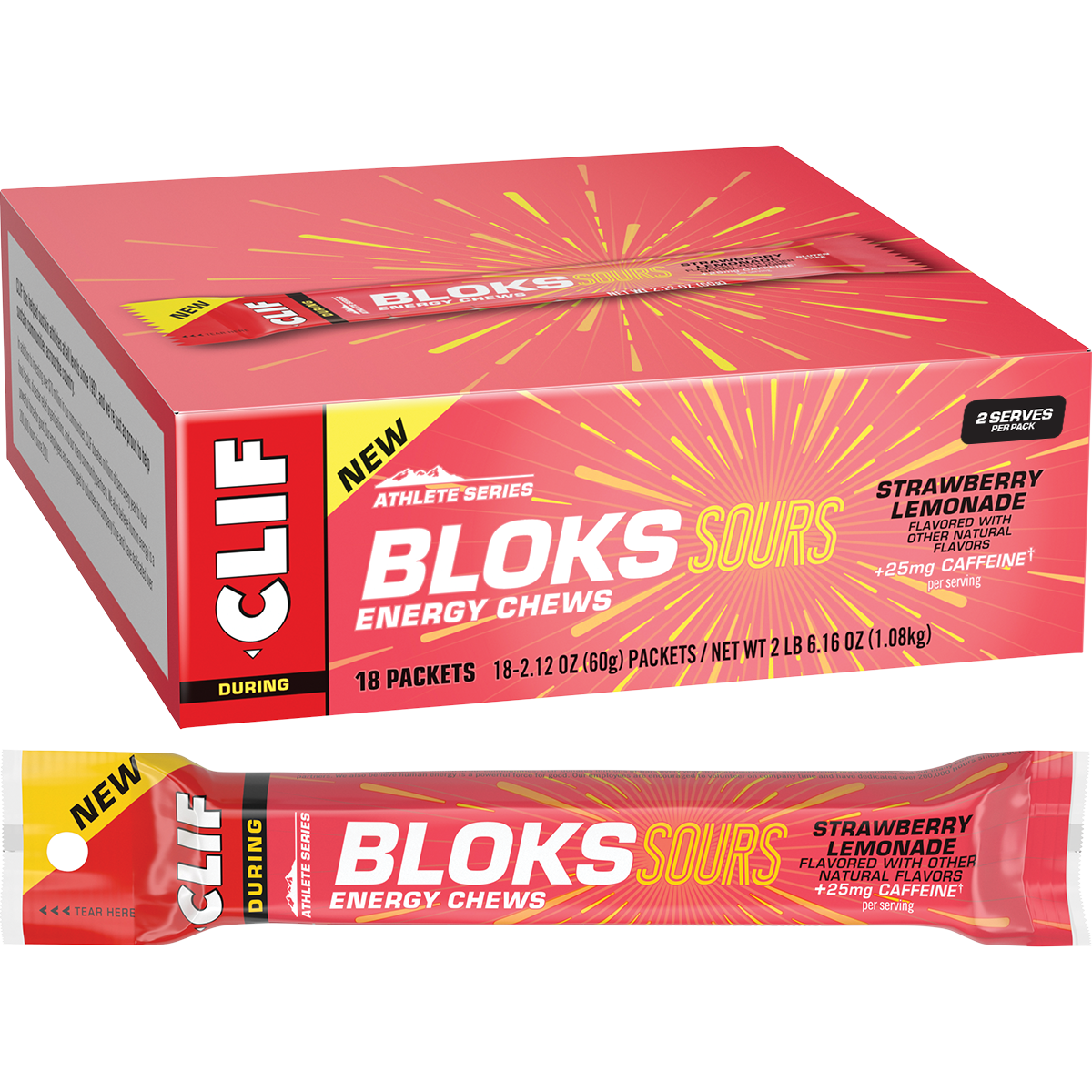 Clif Bloks Energy Chews Sour Strawberry Lemonade (25mg Caffeine) 60g x 18 Pack