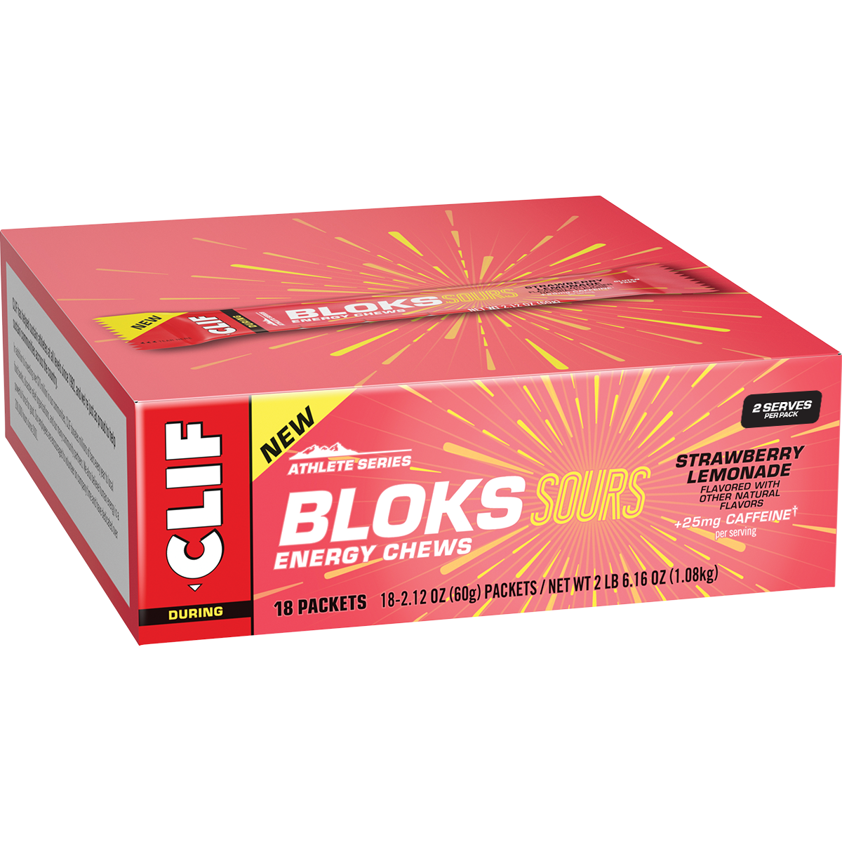 Clif Bloks Energy Chews Sour Strawberry Lemonade (25mg Caffeine) 60g x 18 Pack