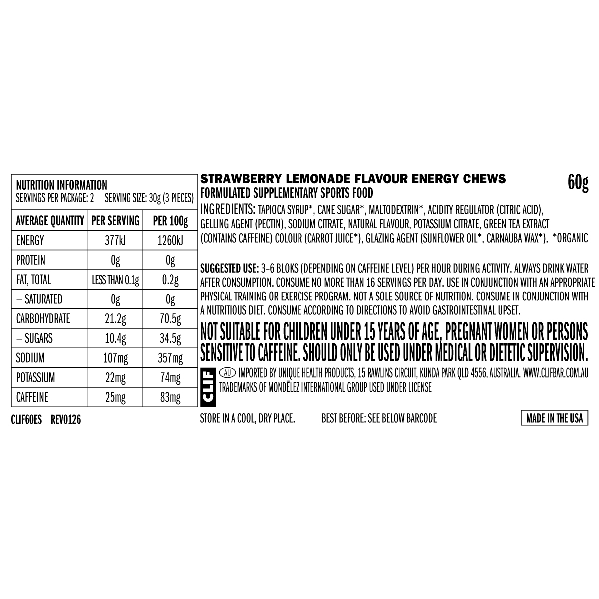 Clif Bloks Energy Chews Sour Strawberry Lemonade (25mg Caffeine) 60g x 18 Pack