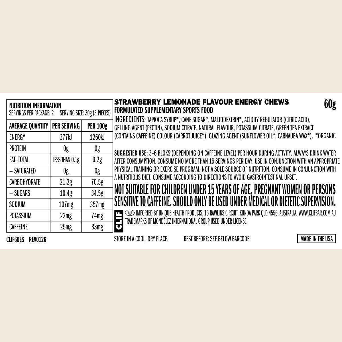 CLIF Bloks Energy Chews Sour Strwby Lemonade 25mg Caffeine 18x60g