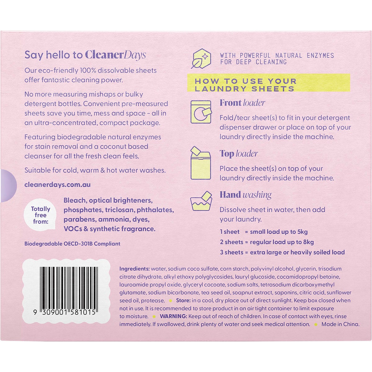 CLEANER DAYS Laundry Detergent Sheets Fragrance Free 60pcs - Cutprice Online