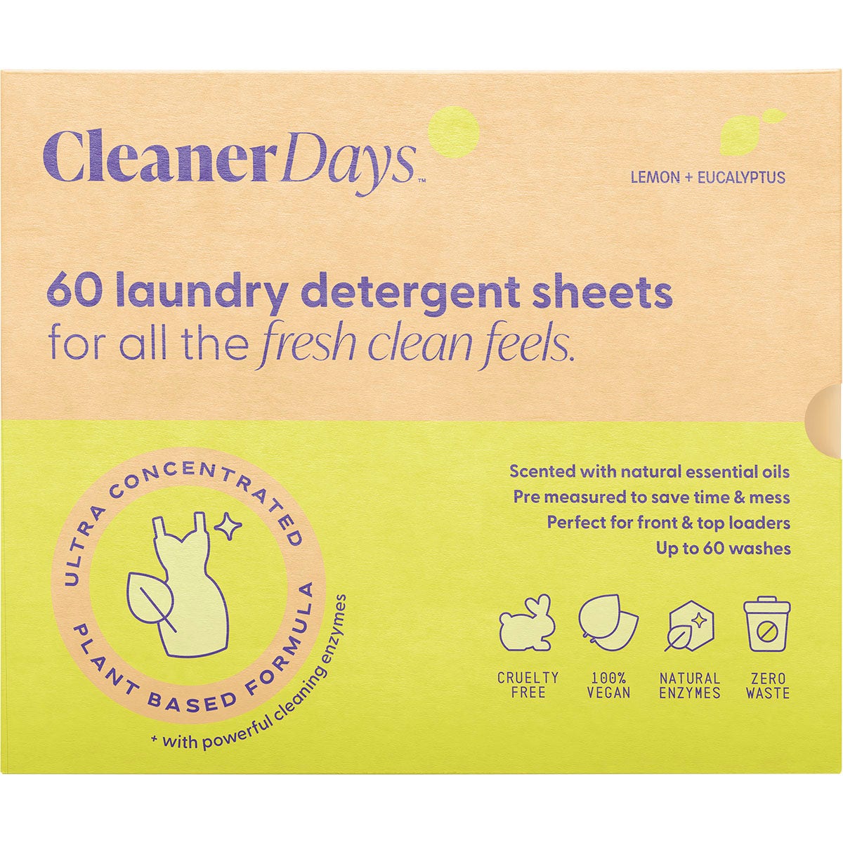 CLEANER DAYS Laundry Detergent Sheets Lemon + Eucalyptus 60pcs - Cutprice Online