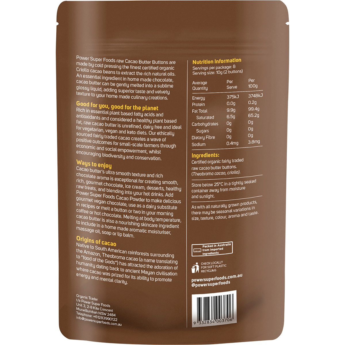 Power Super Foods Raw Certified Organic Cacao Butter Buttons 80g