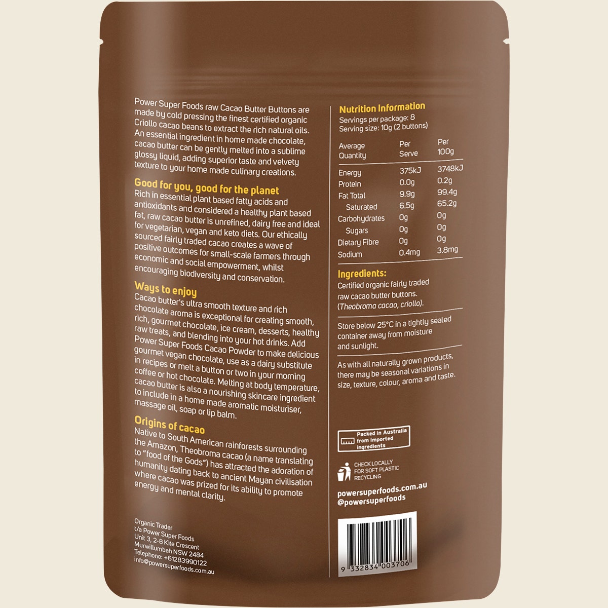 Power Super Foods Cacao Butter Buttons Raw Certified Organic 80g