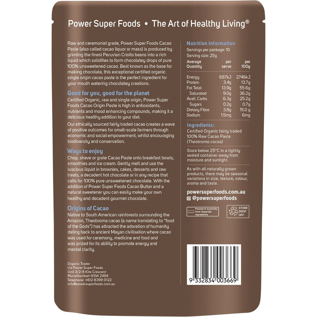 POWER SUPER FOODS Cacao Paste Buttons Ceremonial Grade Certified Organic 250g - Cutprice Online