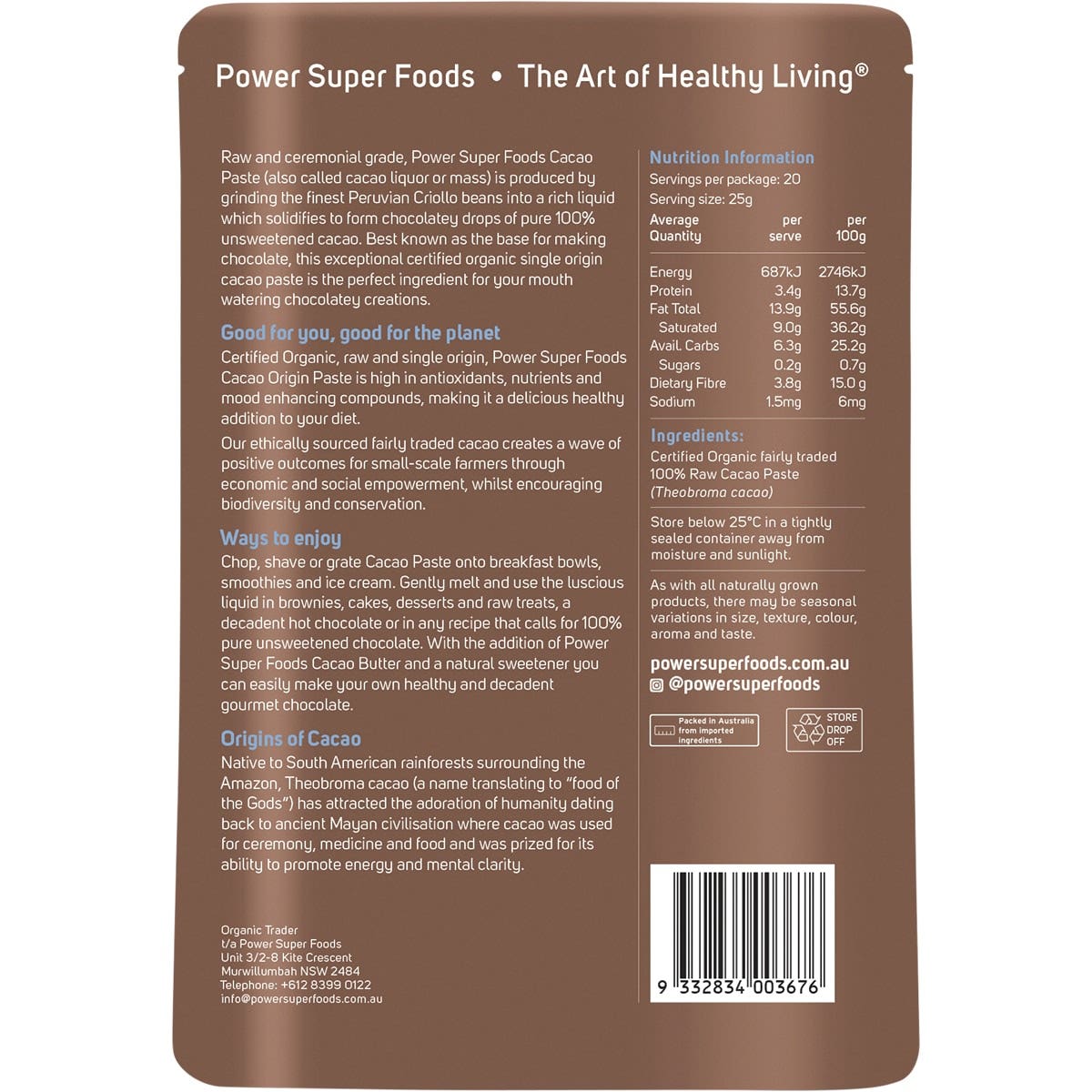 POWER SUPER FOODS Cacao Paste Buttons Ceremonial Grade Certified Organic 500g - Cutprice Online