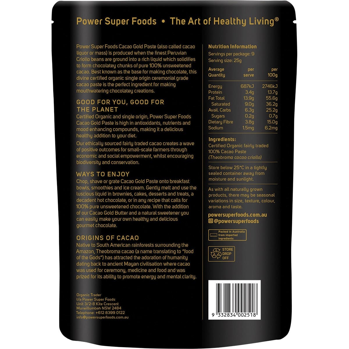 POWER SUPER FOODS Cacao Gold Paste Chunks Ceremonial Grade Cert Organic 225g - Cutprice Online