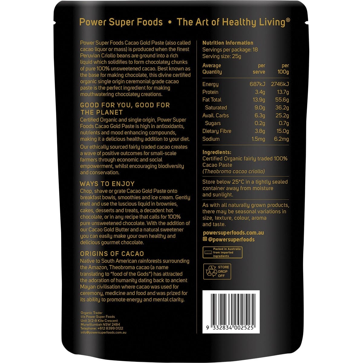 POWER SUPER FOODS Cacao Gold Paste Chunks Ceremonial Grade Cert Organic 450g - Cutprice Online