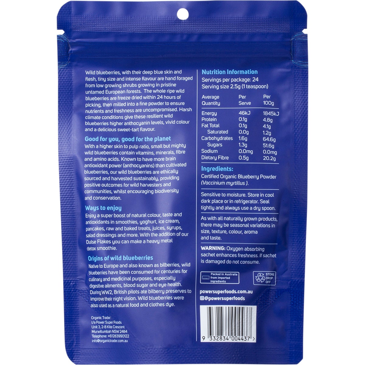 POWER SUPER FOODS Wild Blueberry Powder Certified Organic 60g - Cutprice Online