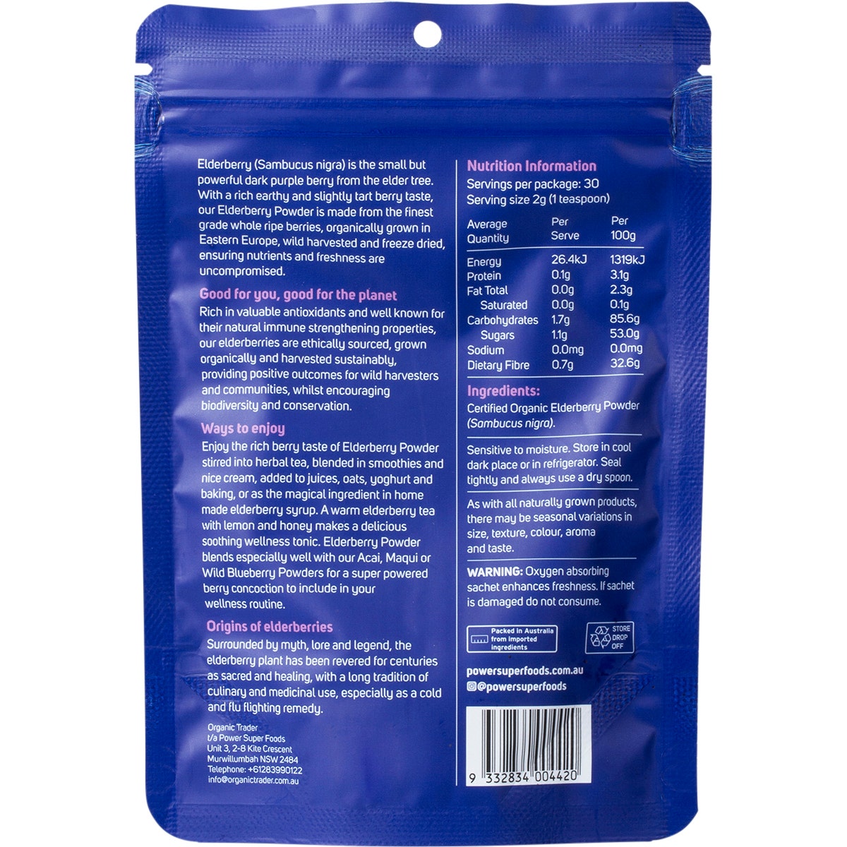 POWER SUPER FOODS Elderberry Powder Certified Organic 60g - Cutprice Online