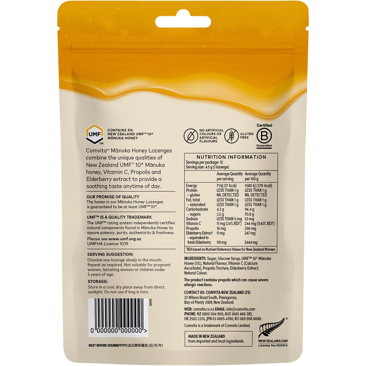 COMVITA Manuka Honey Lozenges With Elderberry Extract & Vitamin C 4.5g(Pack of 12) - Cutprice Online