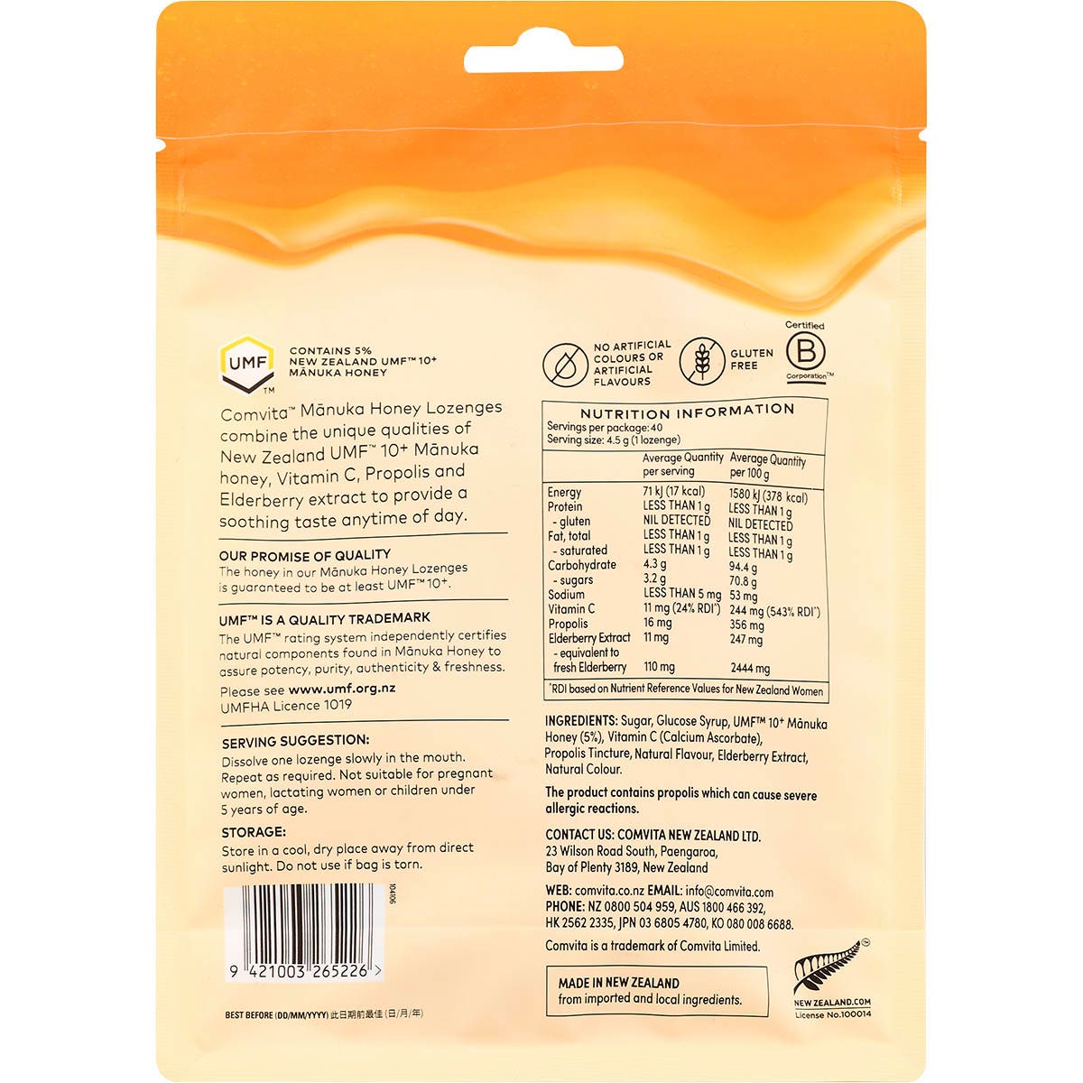 COMVITA Manuka Honey Lozenges With Elderberry Extract & Vitamin C 40x4.5g - Cutprice Online