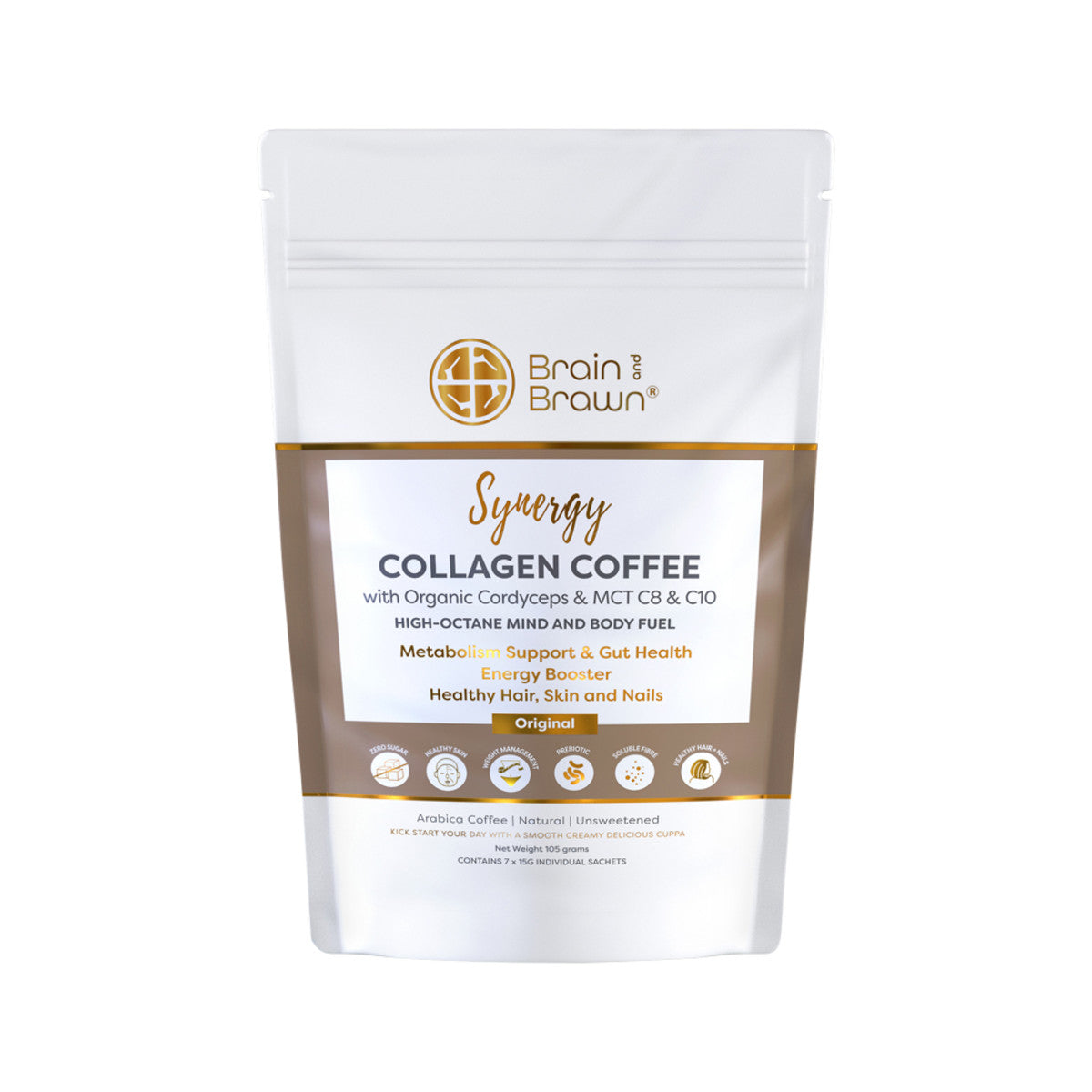 Brain and Brawn Collagen Coffee Synergy (Organic Cordyceps & MCT C8 & C10) Sachets 15g x 7 Pack - Cutprice Online