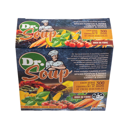 Cell-Logic Dr Soup Mixed Sachets (3 Flavours) 30g x 6 Pack (contains: 2 each of Spiced Pumpkin & Herbs, Tuscan Tomato and Carrot & Chives) - Cutprice Online