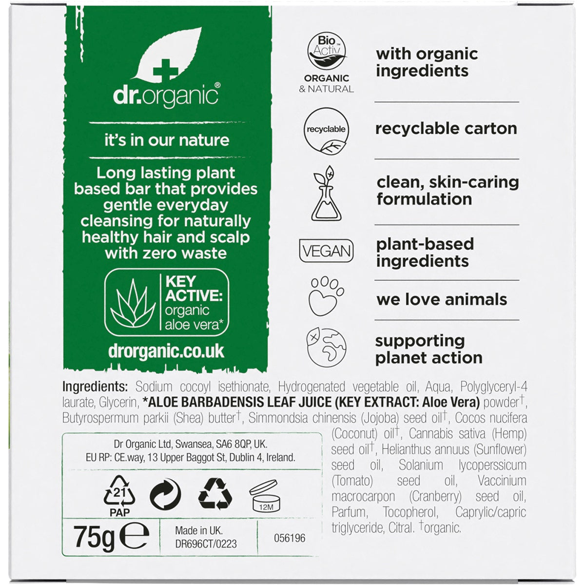 DR ORGANIC Shampoo & Conditioner Bar Aloe Vera & Shea All Hair Types 75g - Cutprice Online