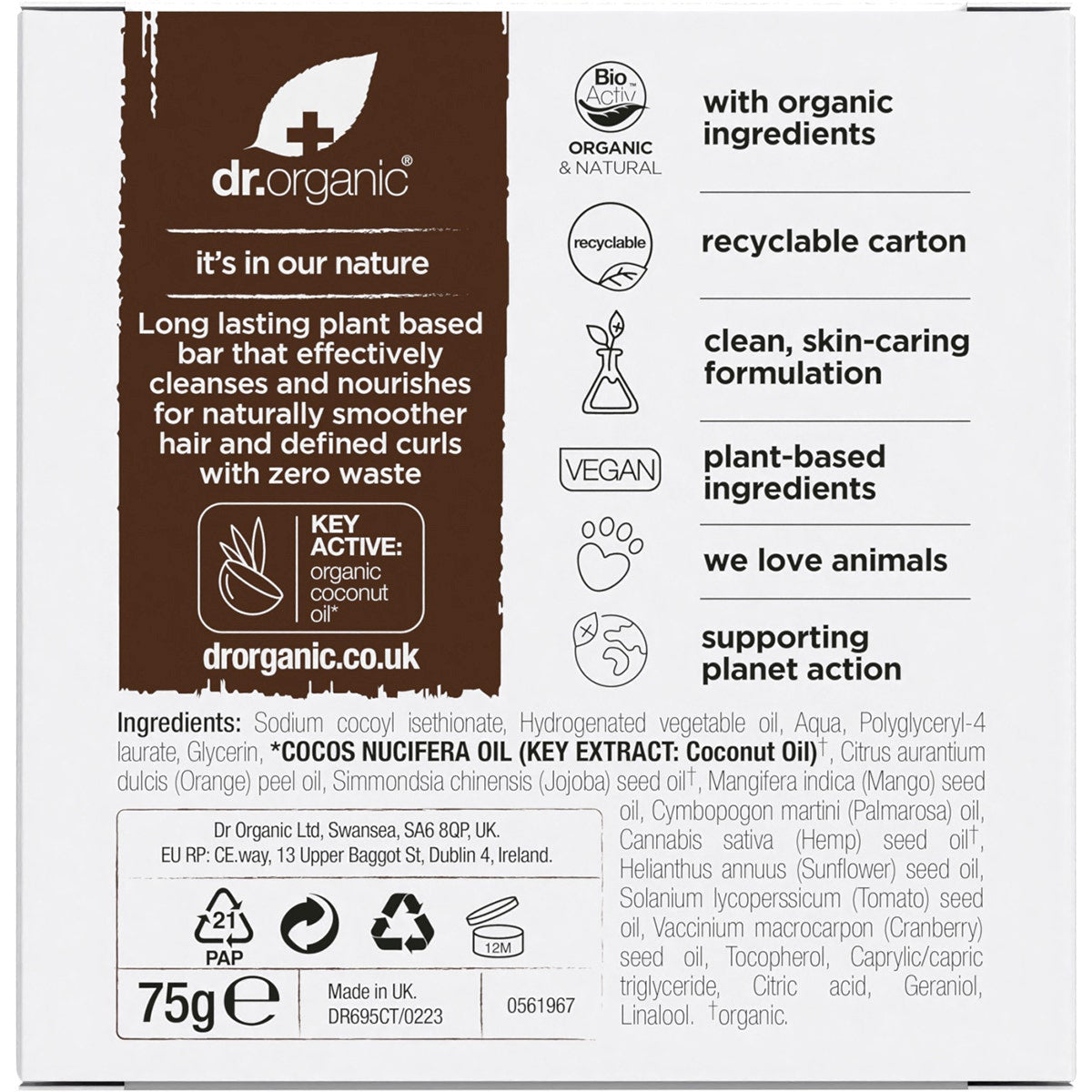 DR ORGANIC Shampoo & Conditioner Bar Coconut & Orange Curly&Thick Hair 75g - Cutprice Online