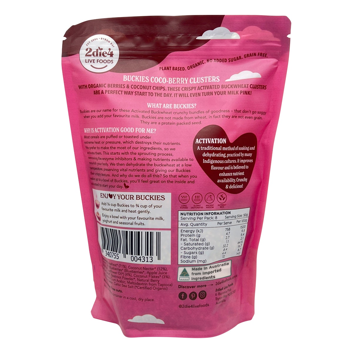2die4 Live Foods Organic Activated Buckies Coco-berry Clusters 400g