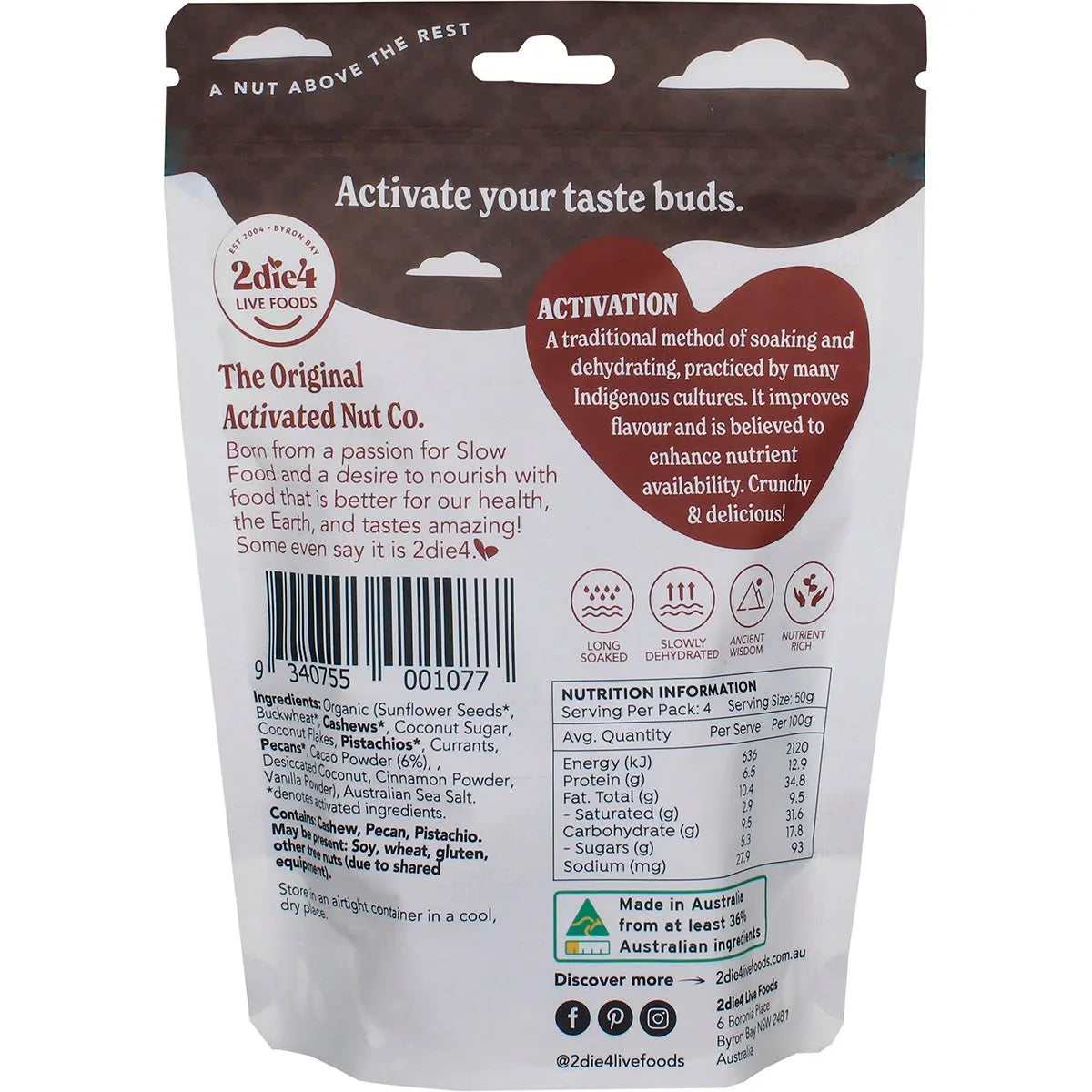 2die4 Live Foods Organic Activated Holy Cacao Cacao Granola Clusters 200g 2DIE4 LIVE FOODS