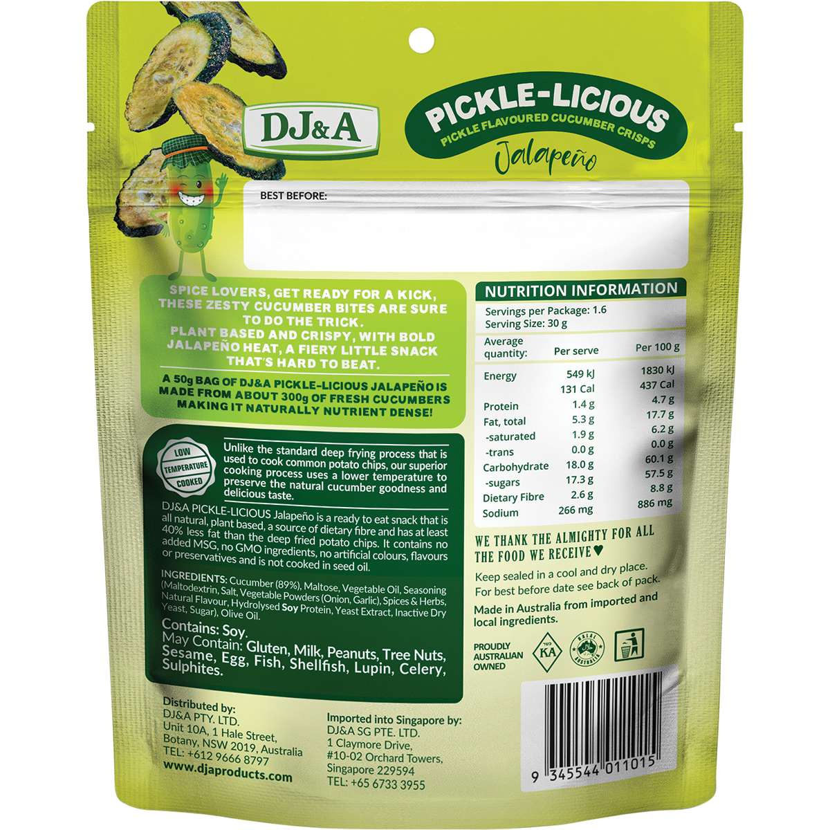 DJ&A Pickle-Licious Pickle Flavoured Cucumber Jalapeno 50g x 9 Pack