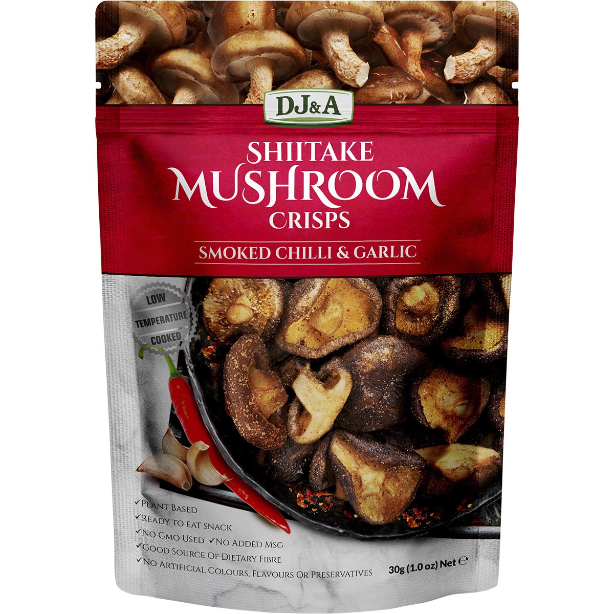 DJ&A Shiitake Mushroom Crisps Smoked Chilli & Garlic 12x30g - Cutprice Online