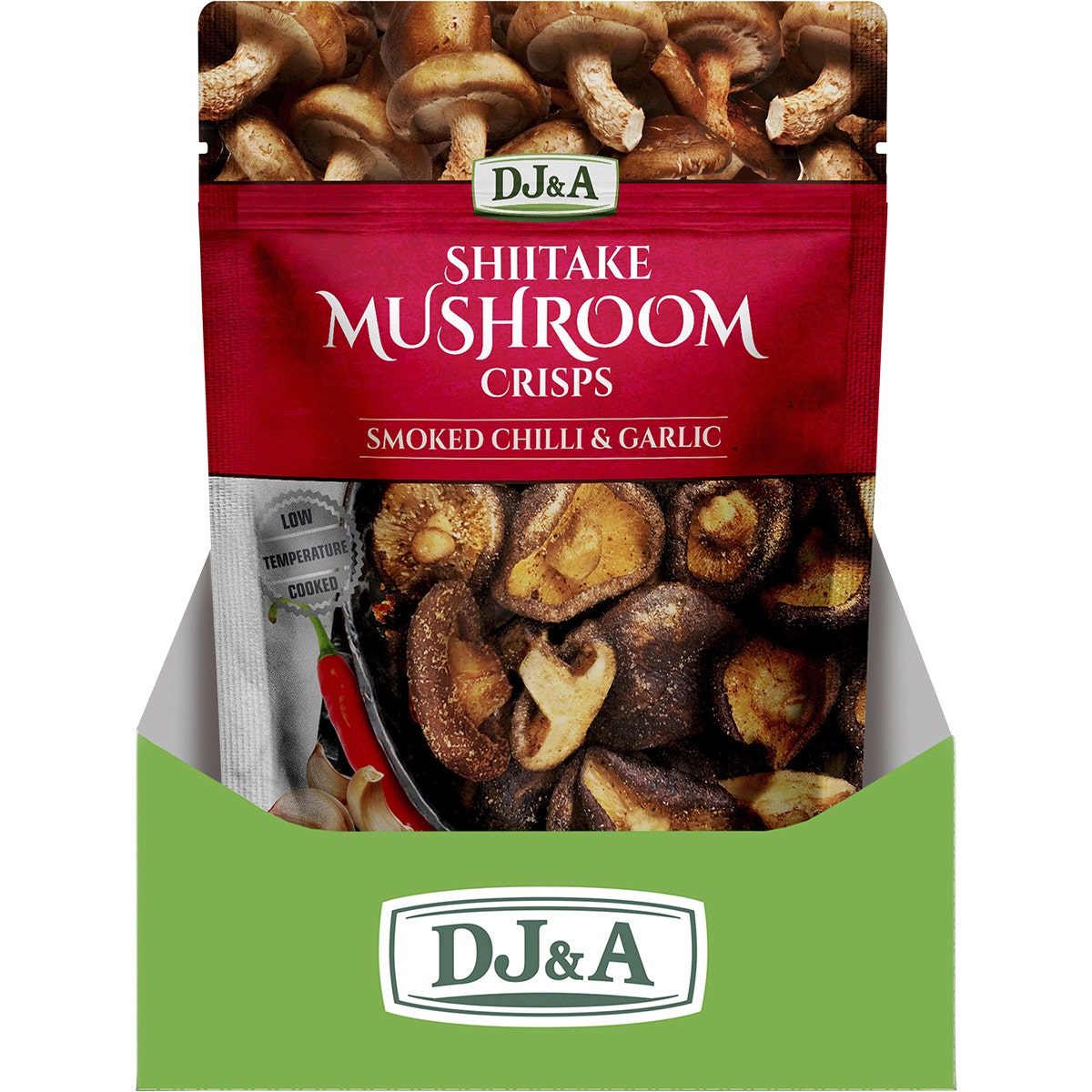 DJ&A Shiitake Mushroom Crisps Smoked Chilli & Garlic 12x30g - Cutprice Online