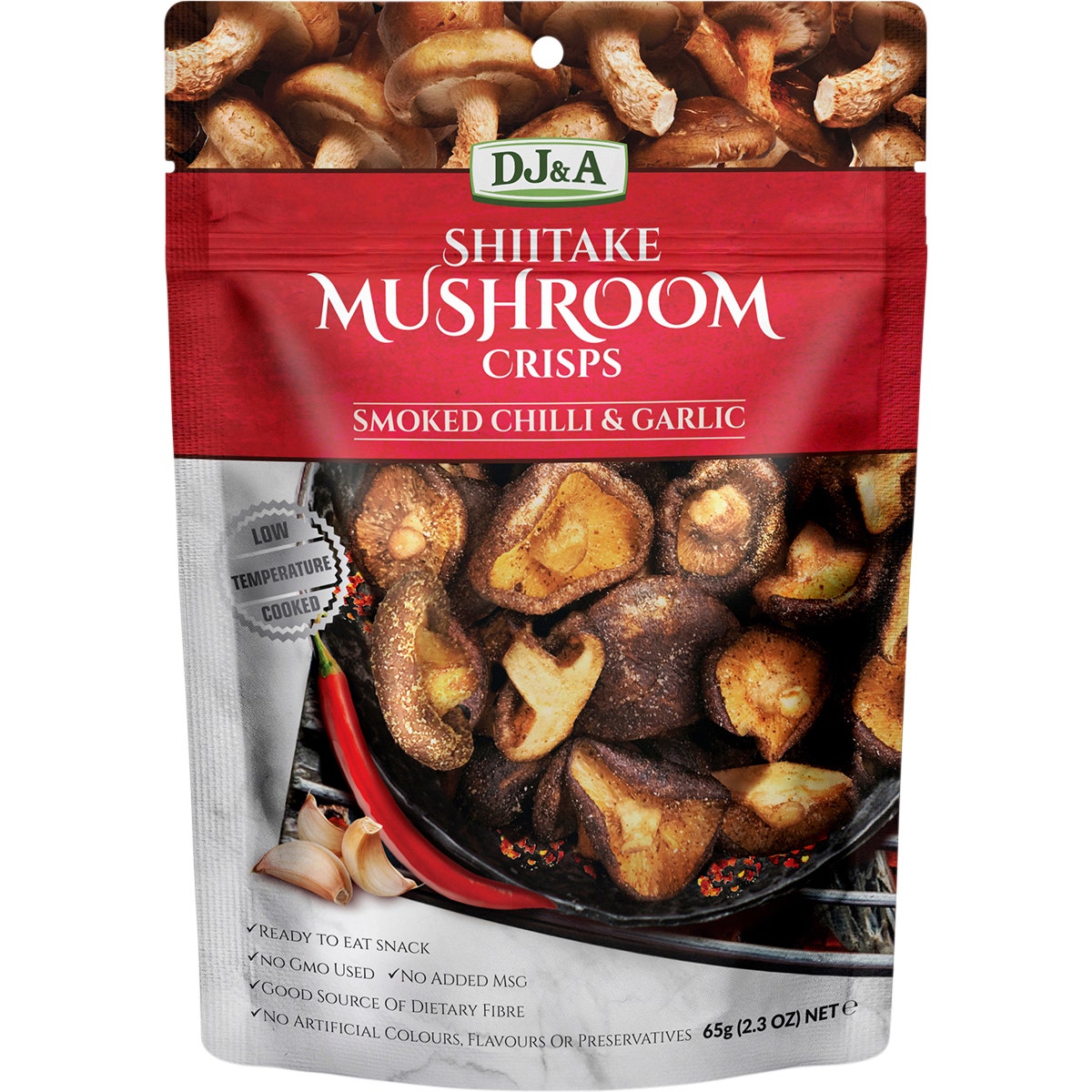 DJ&A Shiitake Mushroom Crisps Smoked Chilli & Garlic 9x65g - Cutprice Online