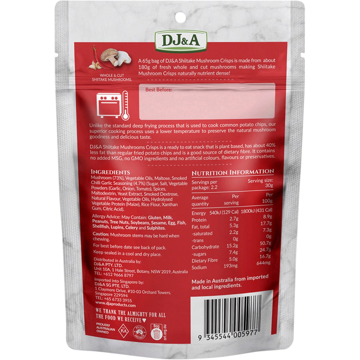 DJ&A Shiitake Mushroom Crisps Smoked Chilli & Garlic 9x65g - Cutprice Online