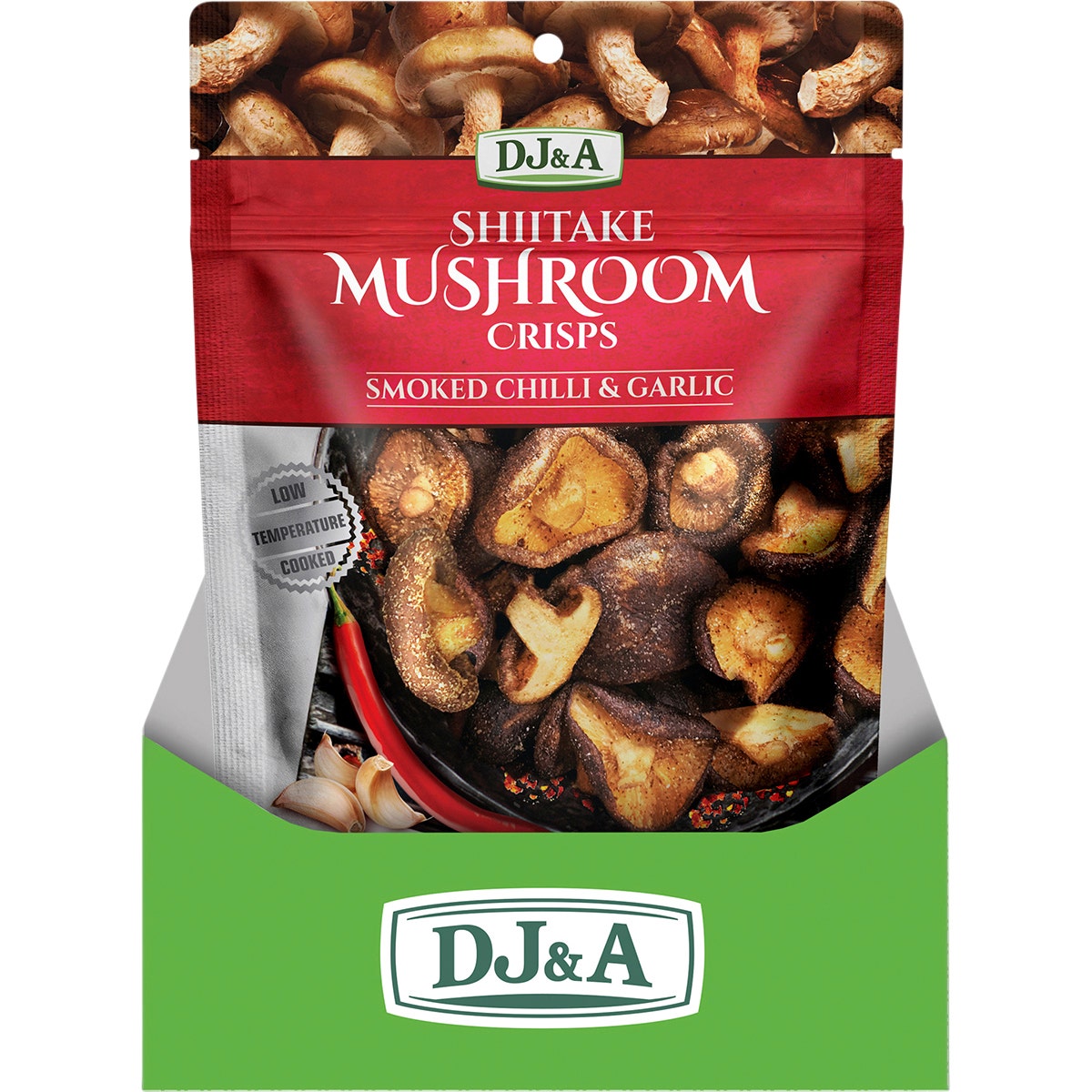 DJ&A Shiitake Mushroom Crisps Smoked Chilli & Garlic 9x65g - Cutprice Online