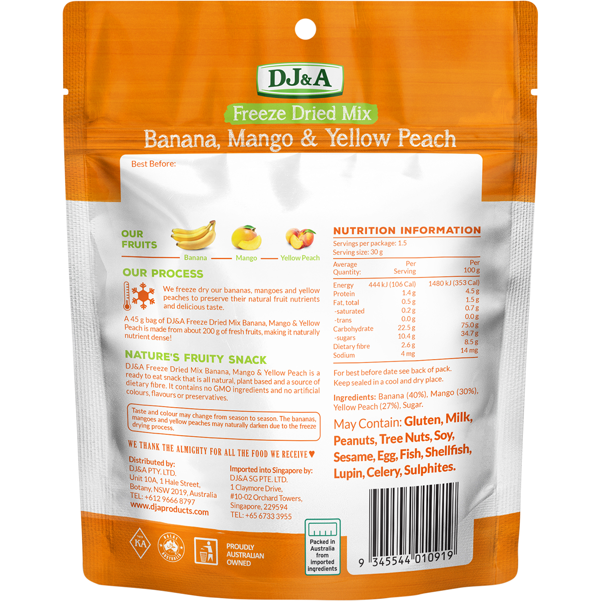 DJ&A Freeze Dried Banana, Mango & Yellow Peach 45g x 10 Pack