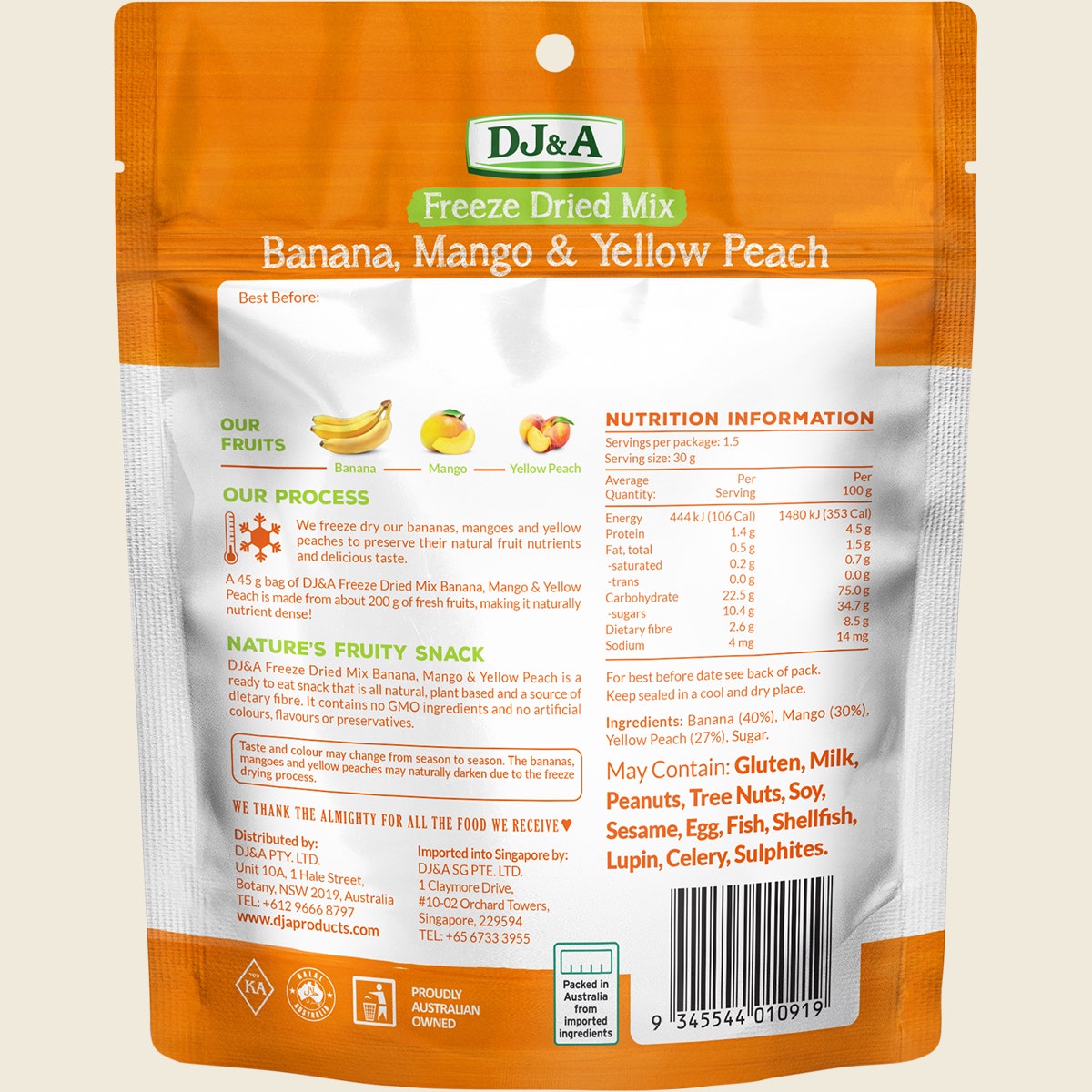 DJ&A Freeze Dried Banana, Mango & Yellow Peach 10x45g