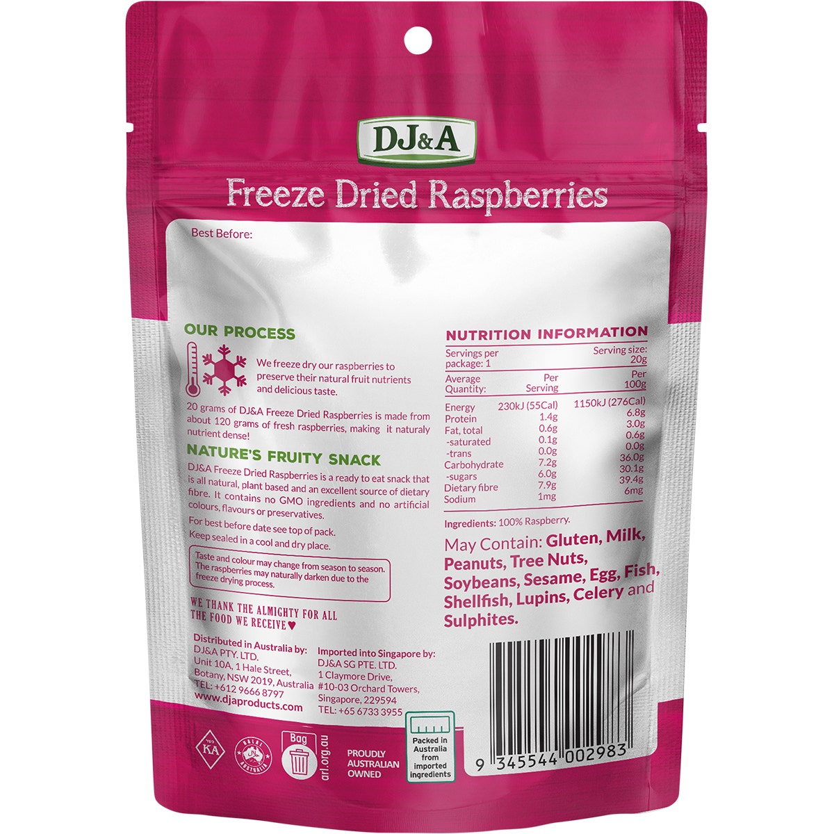 DJ&A Freeze Dried Raspberries 10x20g - Cutprice Online
