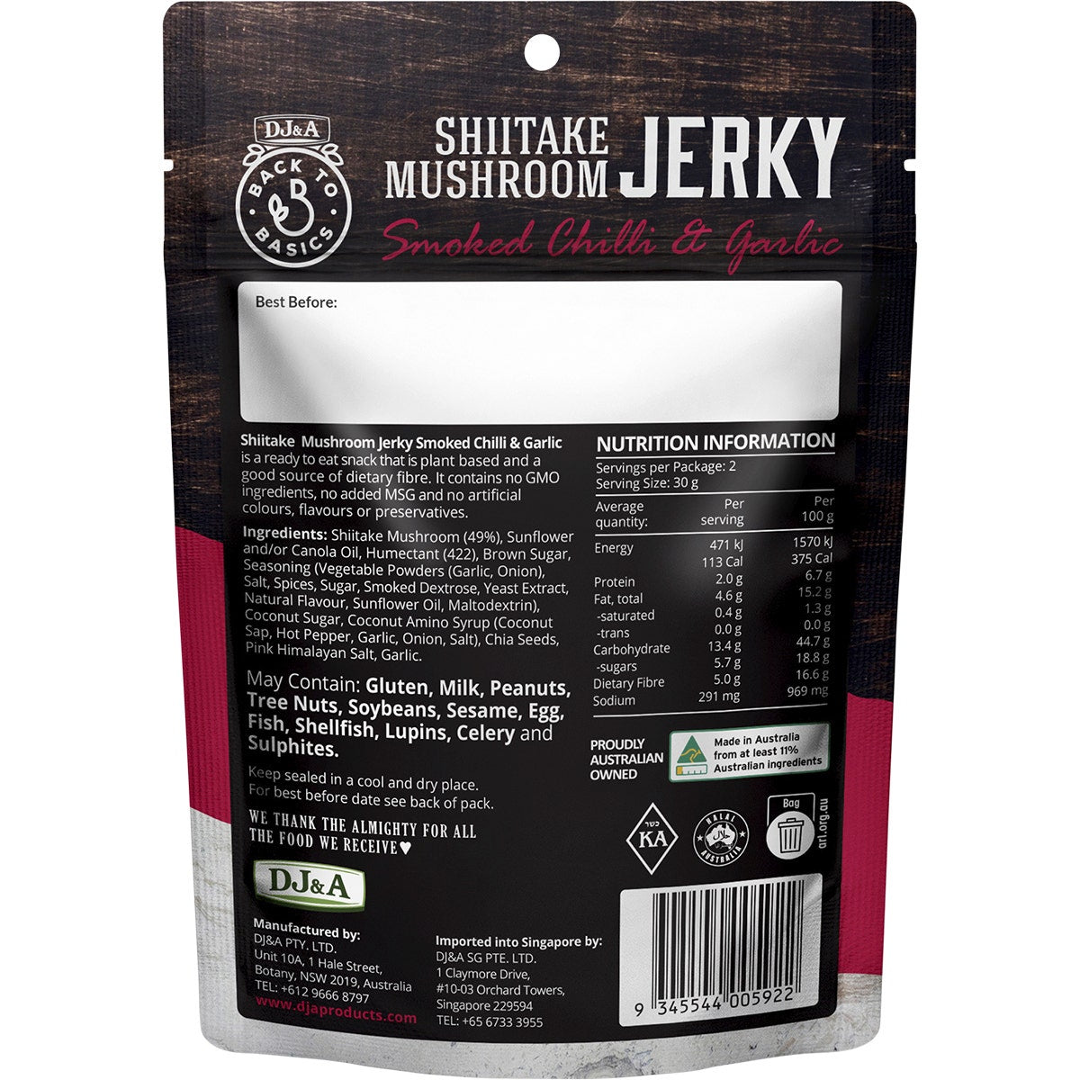 DJ&A Shiitake Mushroom Jerky Smoked Chilli & Garlic 12x60g - Cutprice Online