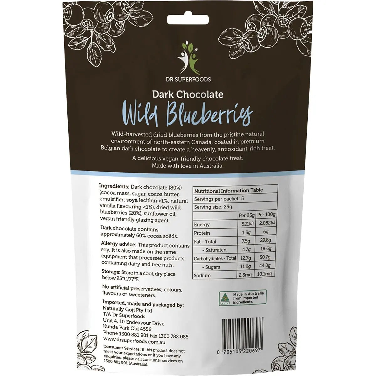 DR SUPERFOODS Wild Blueberries Dark Chocolate 125g DR SUPERFOODS