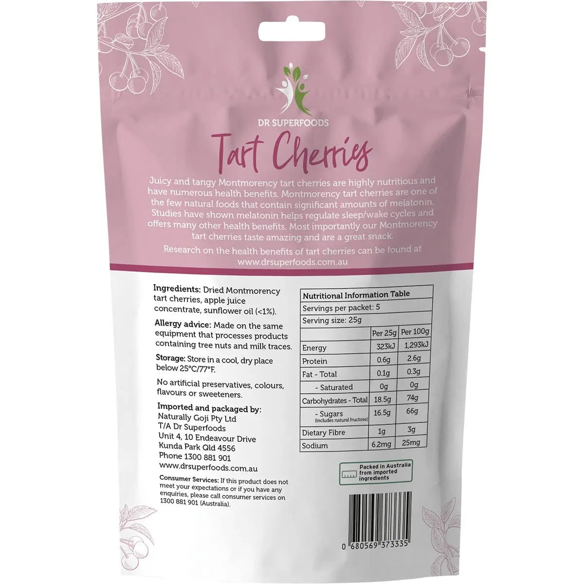 DR SUPERFOODS Dried Tart Cherries 125g DR SUPERFOODS