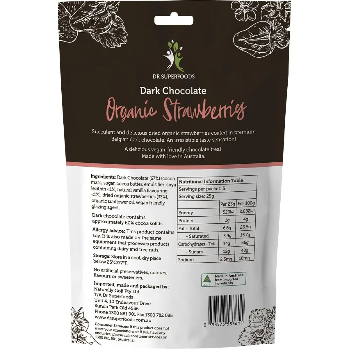 DR SUPERFOODS Strawberries Organic - Dark Chocolate 125g DR SUPERFOODS