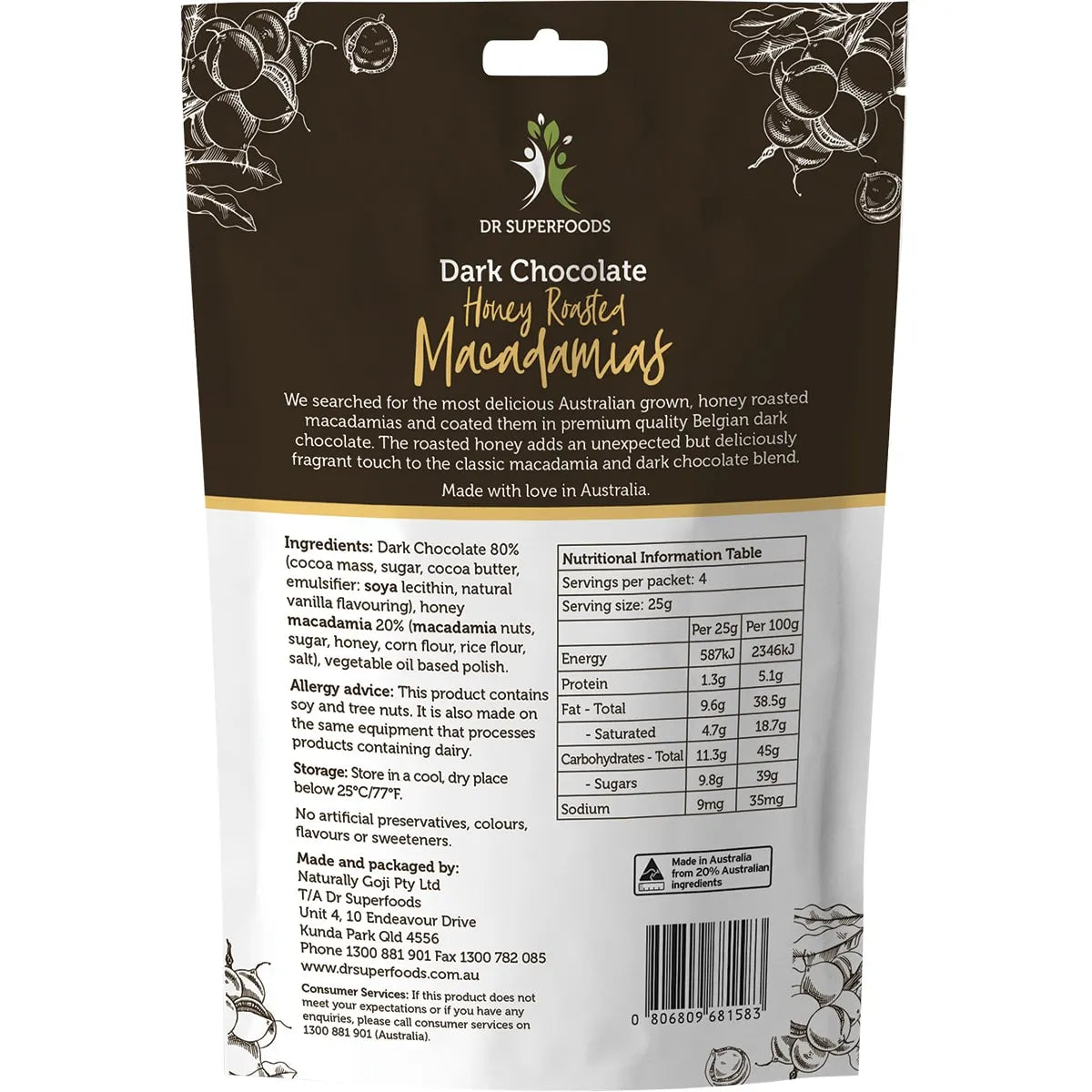 DR SUPERFOODS Honey Roasted Macadamias Dark Chocolate 100g DR SUPERFOODS