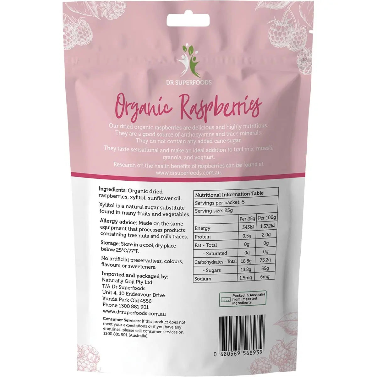 DR SUPERFOODS Dried Raspberries Organic 125g DR SUPERFOODS