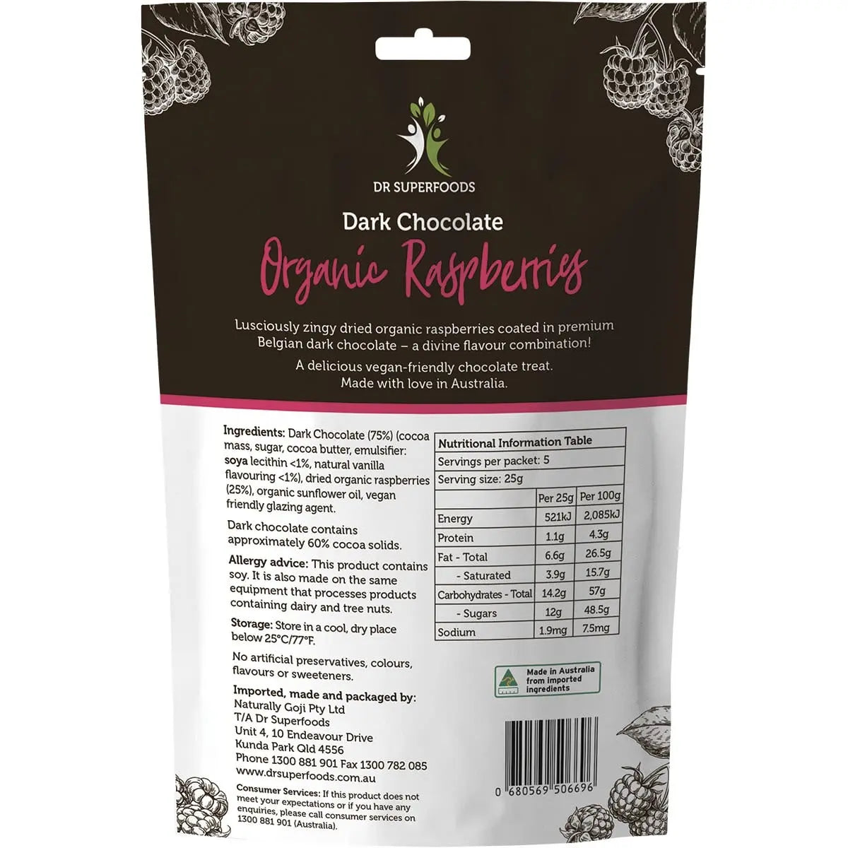 DR SUPERFOODS Raspberries Organic - Dark Chocolate 125g DR SUPERFOODS